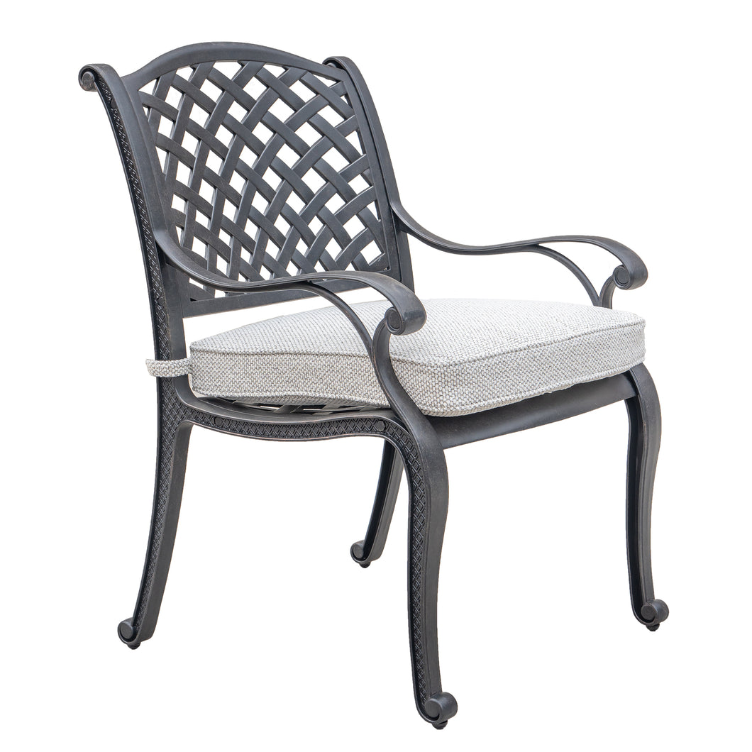 Cast Aluminum Dining Arm Chair With Cushion, Dark Lava Bronze/Sandstorm