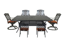 Load image into Gallery viewer, Cast Aluminum 7 PC Dining Set with 76&quot;x42&quot; Dining Table, 4 Dining Chairs, and 2 Swivel Rocker Chairs (Container Order Only)
